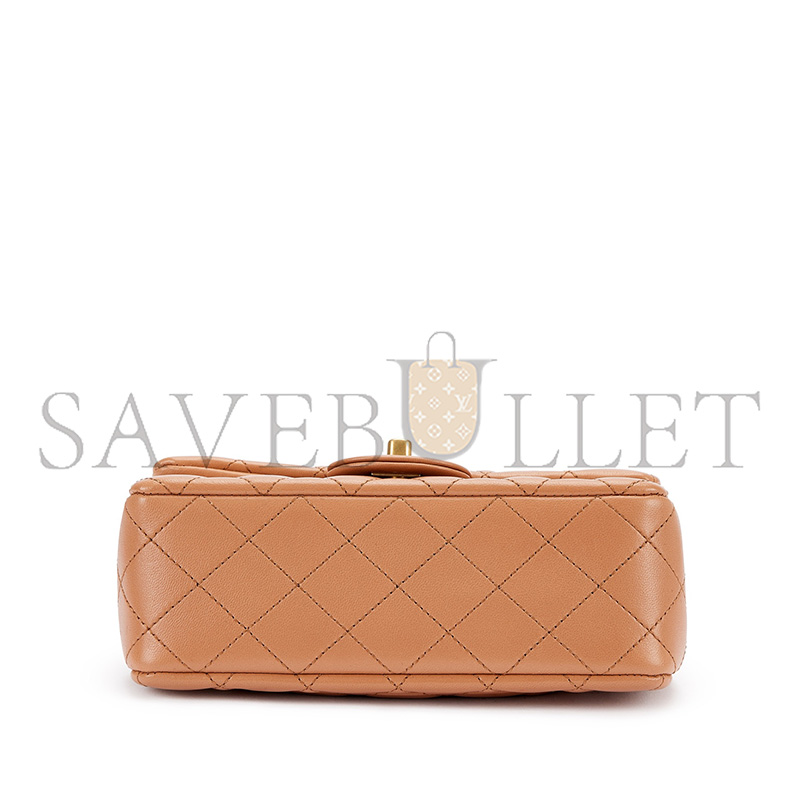 CHANEL MASTER CARAMEL BROWN QUILTED LAMBSKIN MINI PEARL CRUSH FLAP BAG AGED GOLD HARDWARE AS1787 (20*13*7cm)